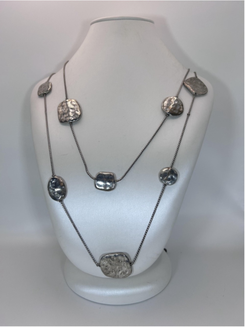 Chico's Necklace Silver Layered Hammered Nugget Station Long 36 In